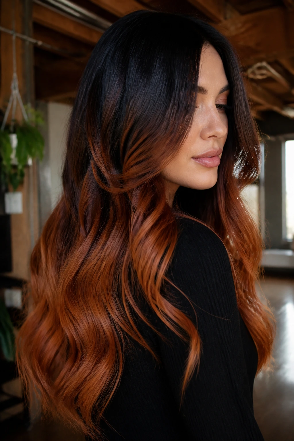 Real person with black to burnt copper ombre on long hair in a warm loft