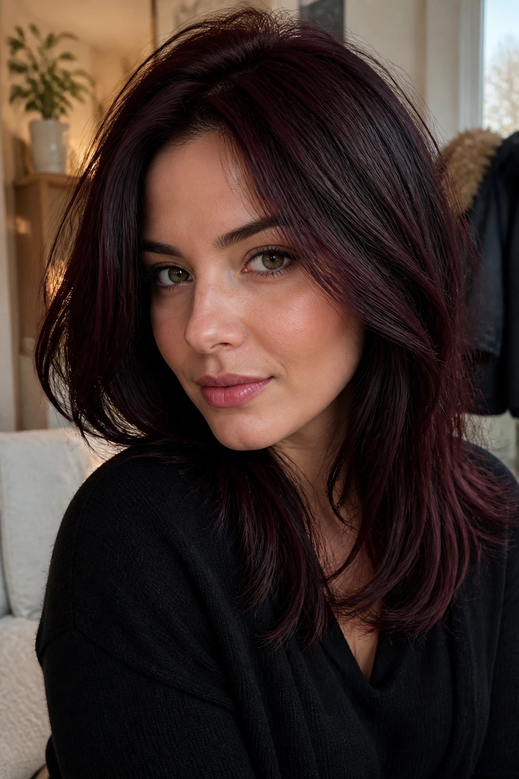 Close-up portrait of a real woman with black cherry auburn hair in window light