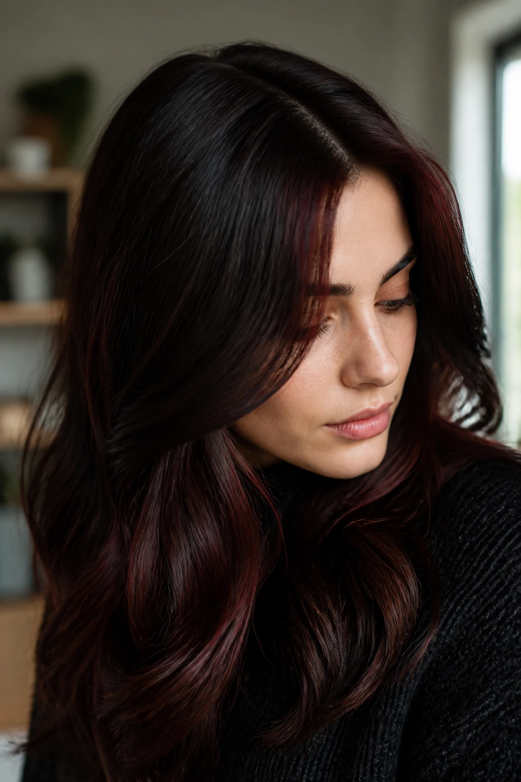 Close-up portrait of a real person with tinted black-cherry auburn hair catching light