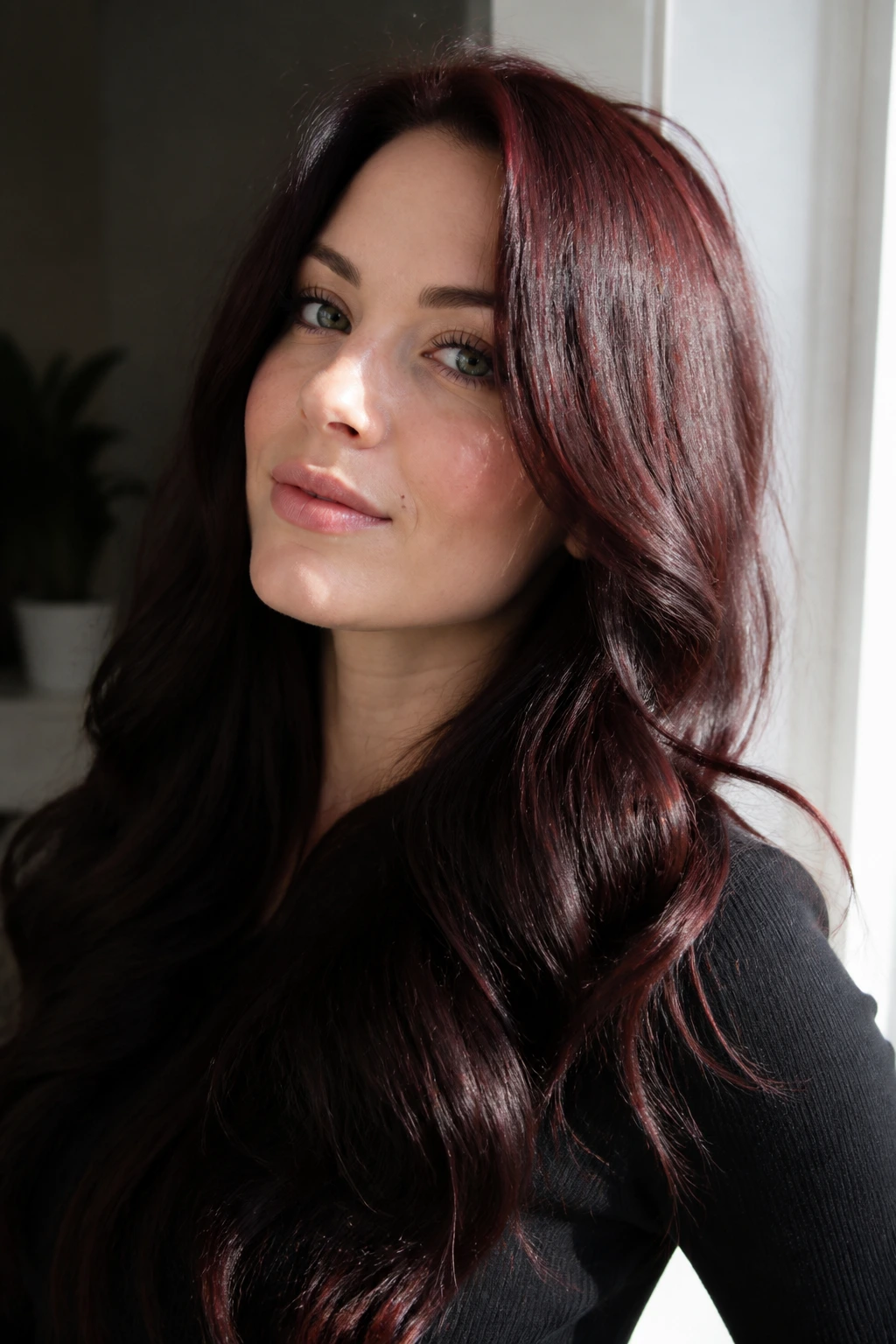 Close-up portrait of a person with black cherry auburn hair catching sunlight