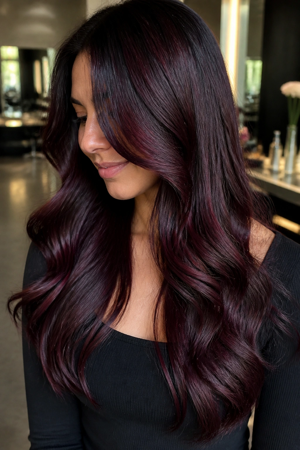 Real woman with dark brunette hair showing black cherry balayage highlights in light