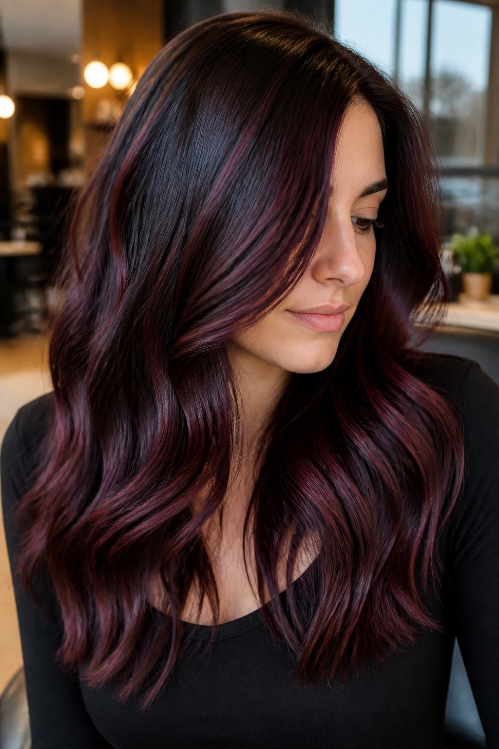 Close-up of real person with black cherry balayage on brunette hair