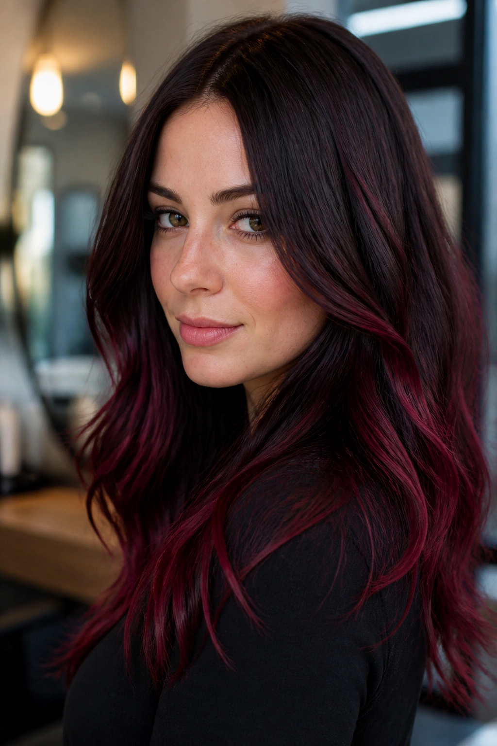 Close-up of dark brown hair with black cherry balayage ribbons on a real person