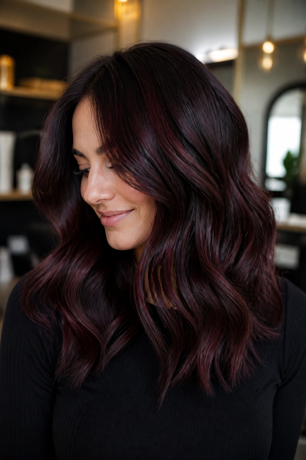 Close-up of black cherry balayage on deep brunette base showing soft dimension