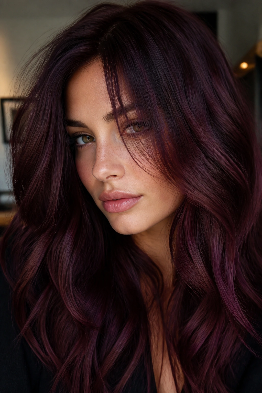 Close-up portrait of a real woman with black cherry brown hair tone.