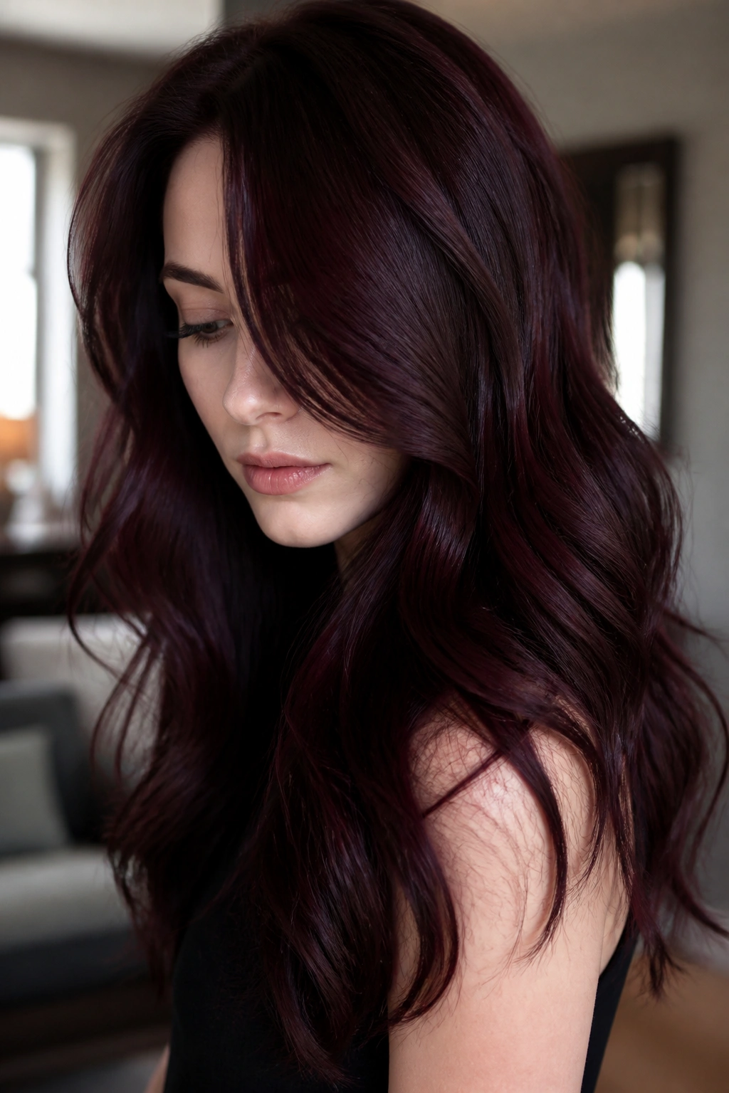 Close-up of a real woman with Black Cherry Brown hair catching light by window