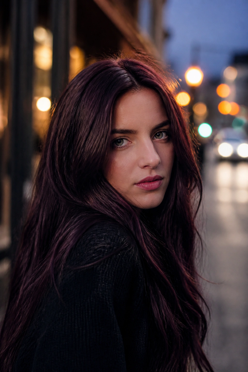 Close-up of a real woman with Black Cherry Brown hair under urban dusk lighting