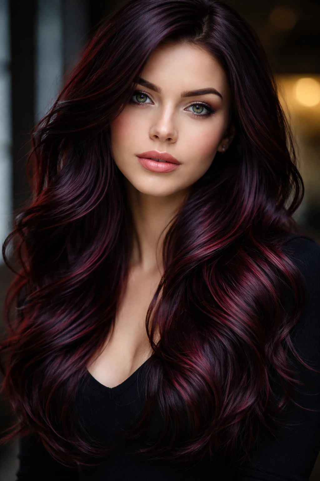 Close-up portrait of a real person with black-cherry brown hair