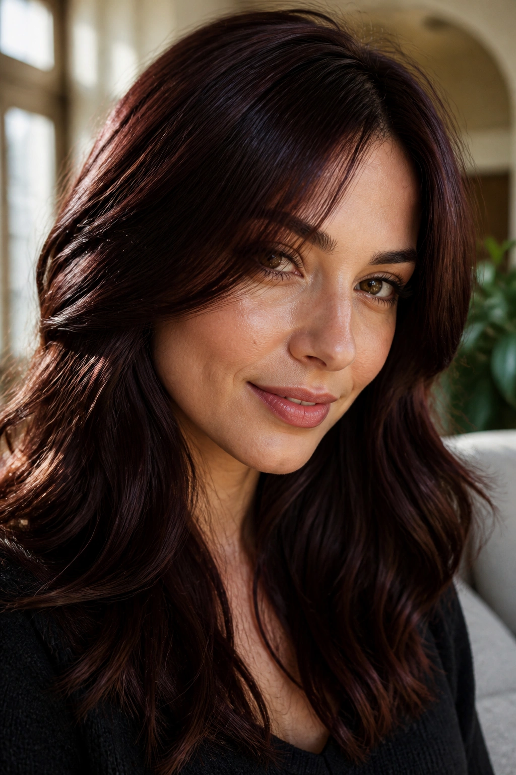 Close-up portrait of a real woman with black cherry brown hair catching warm light.