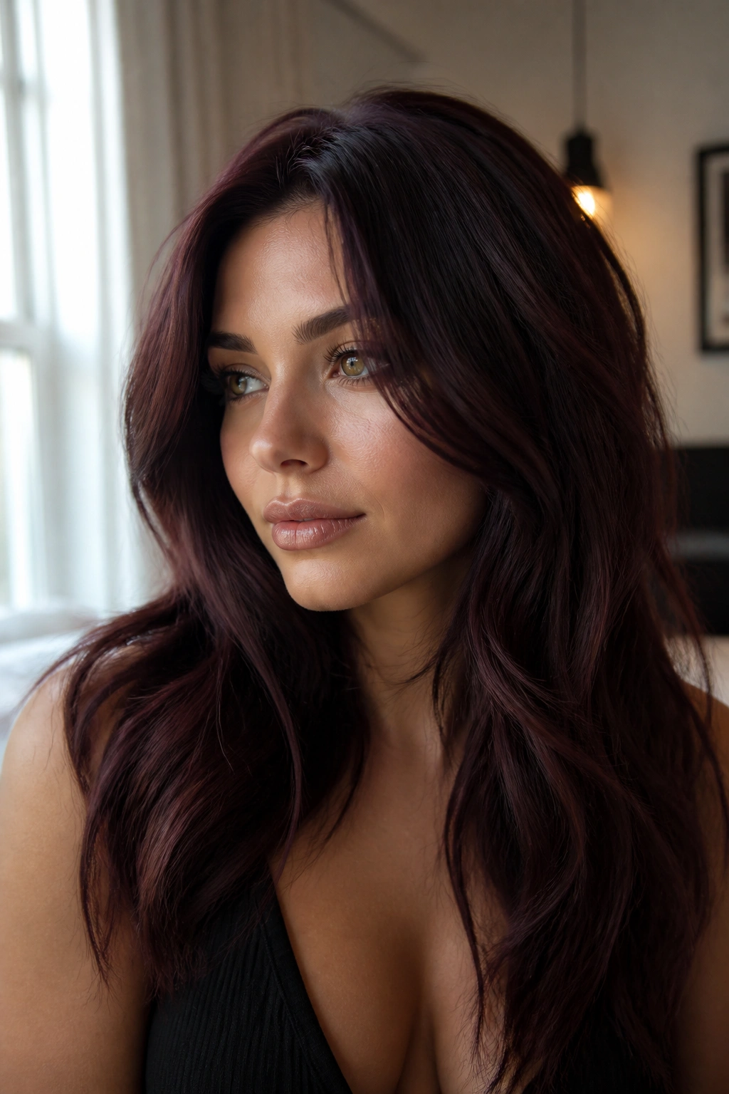 Close-up portrait of a real woman with black cherry brown hair