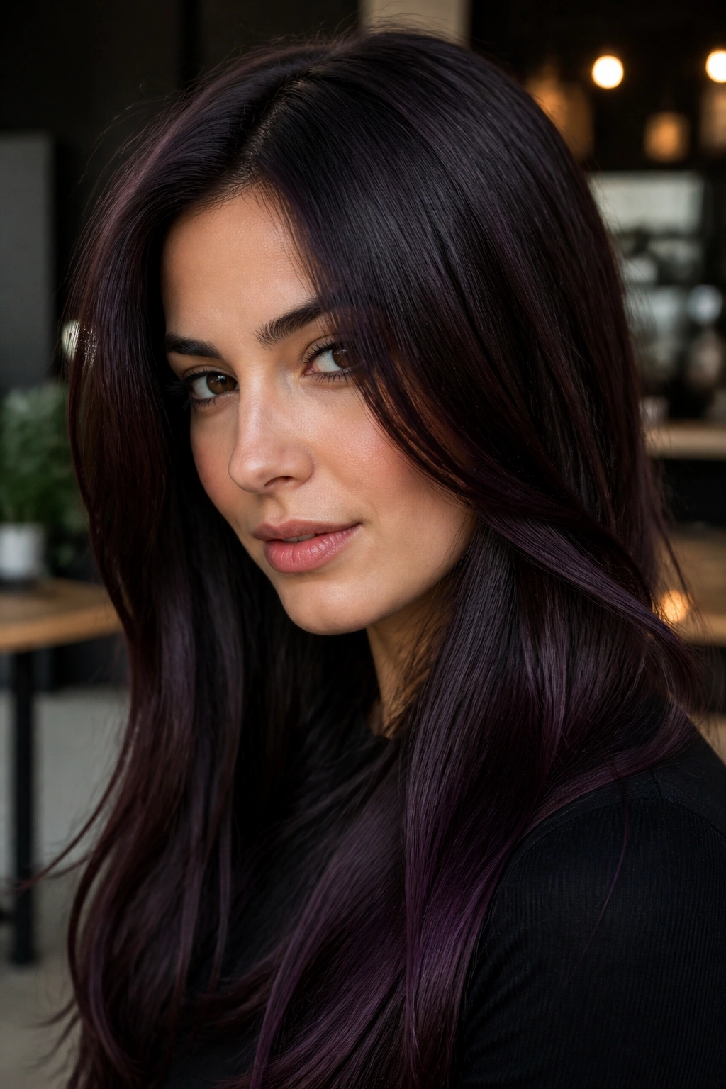 Portrait of a woman with black cherry brown hair and violet edge