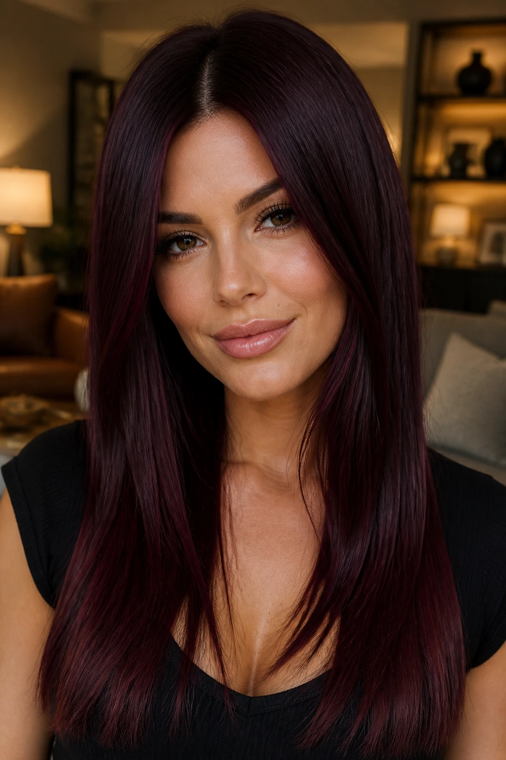 Close-up of a real person with black cherry brunette hair, blue-based wine shade