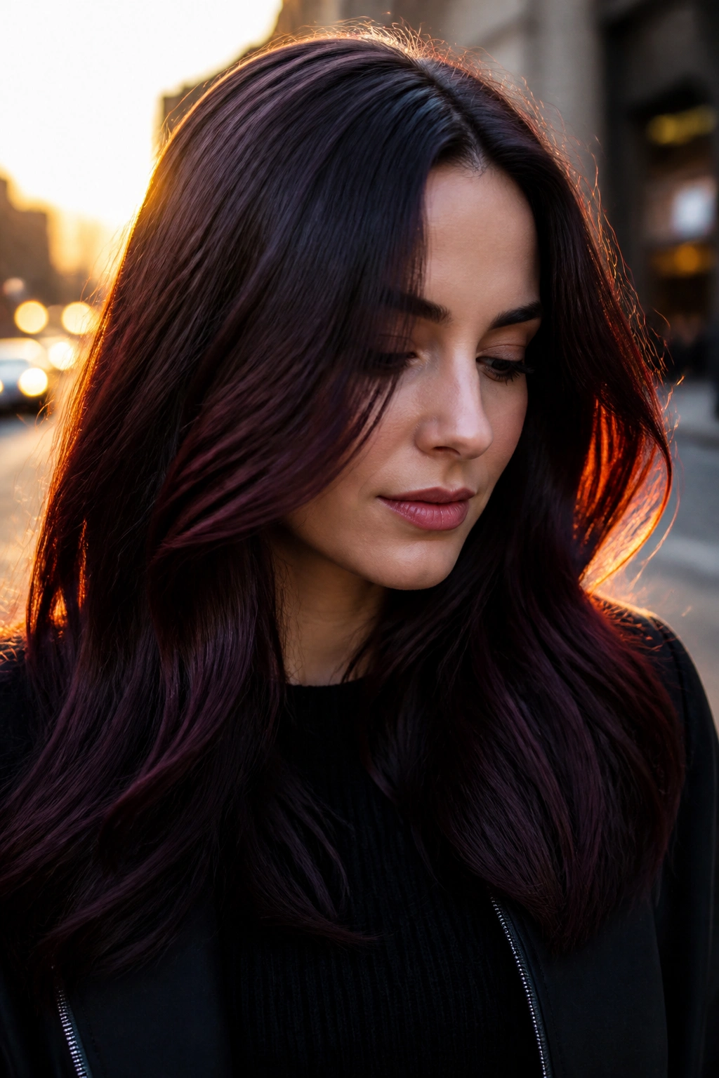 Close-up portrait of a real woman with Black Cherry Brunette hair at golden hour
