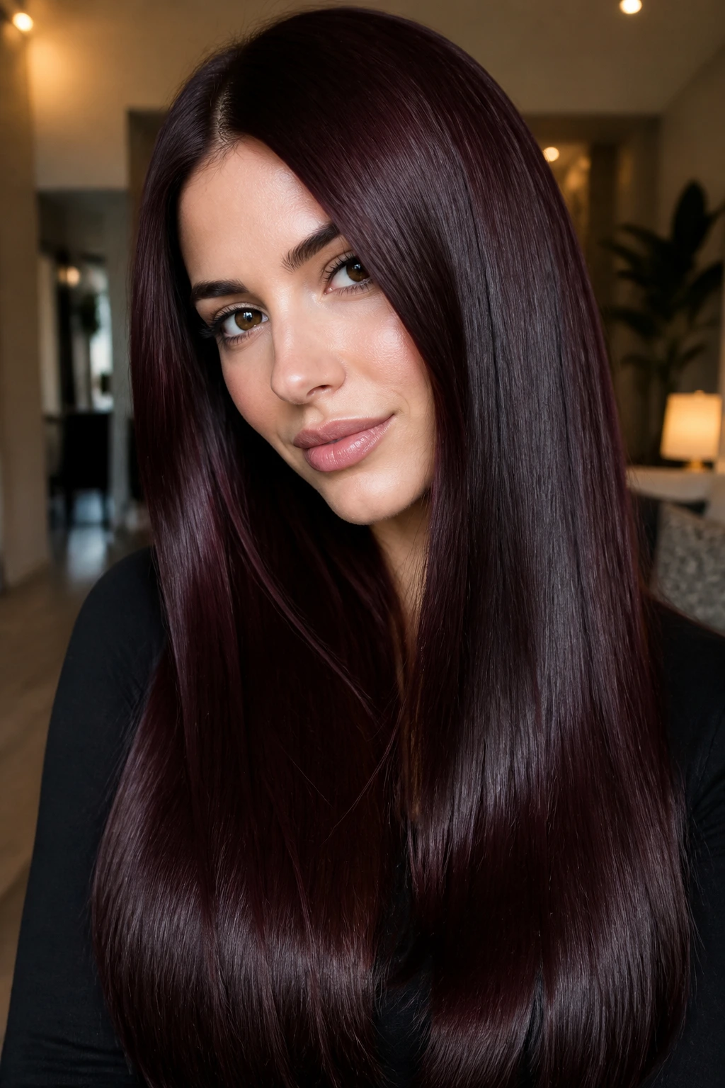 Close-up of a real woman with Black Cherry Brunette hair in warm indoor lighting.
