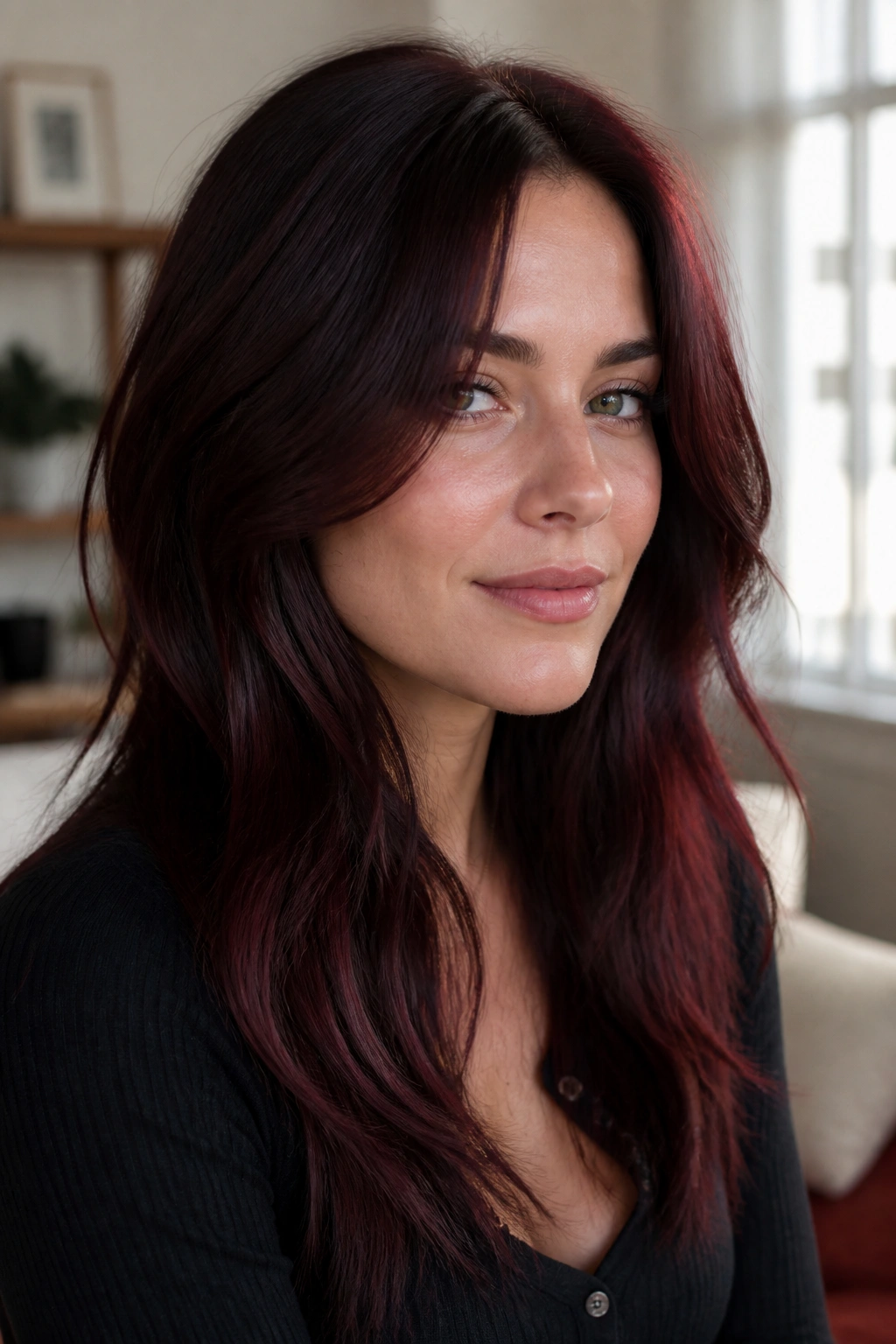 Close-up portrait of a woman with black cherry brunette hair in natural window light