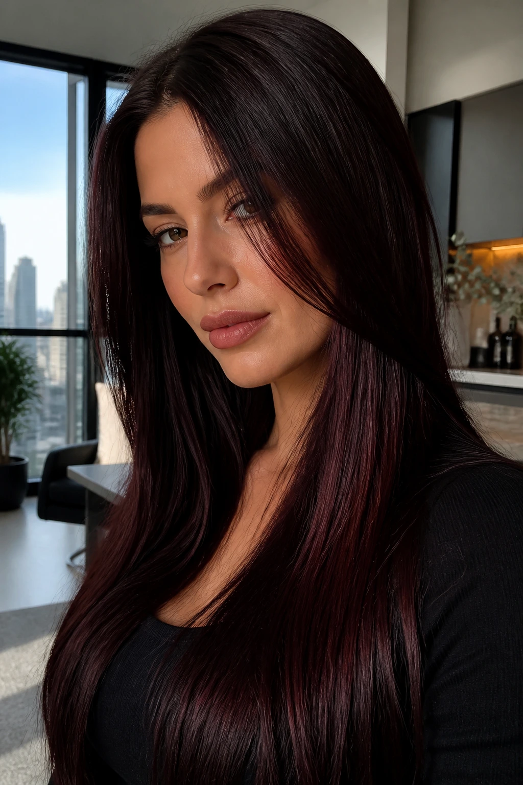 Close-up portrait of a real woman with black cherry brunette and red-violet sheen