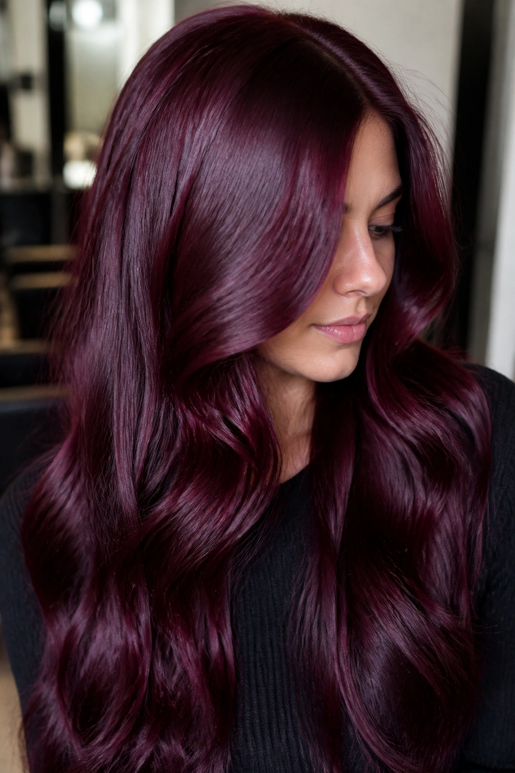 Close-up of black cherry burgundy hair with violet-red sheen on cool skin