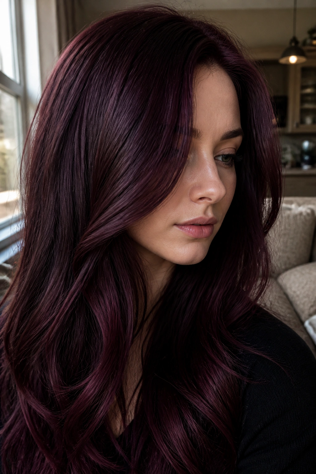 Close-up portrait of a real person with black cherry burgundy hair and cool skin tones.
