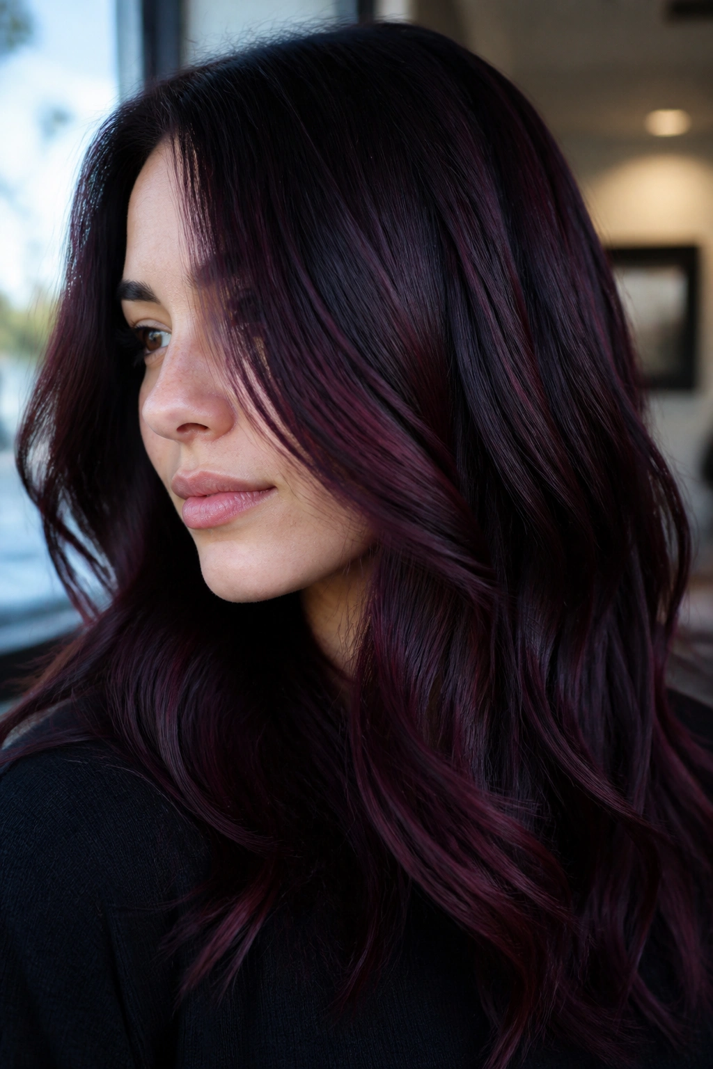 Close-up portrait of a real woman with Black Cherry Burgundy hair showing near-black base and red-violet highlights in window light