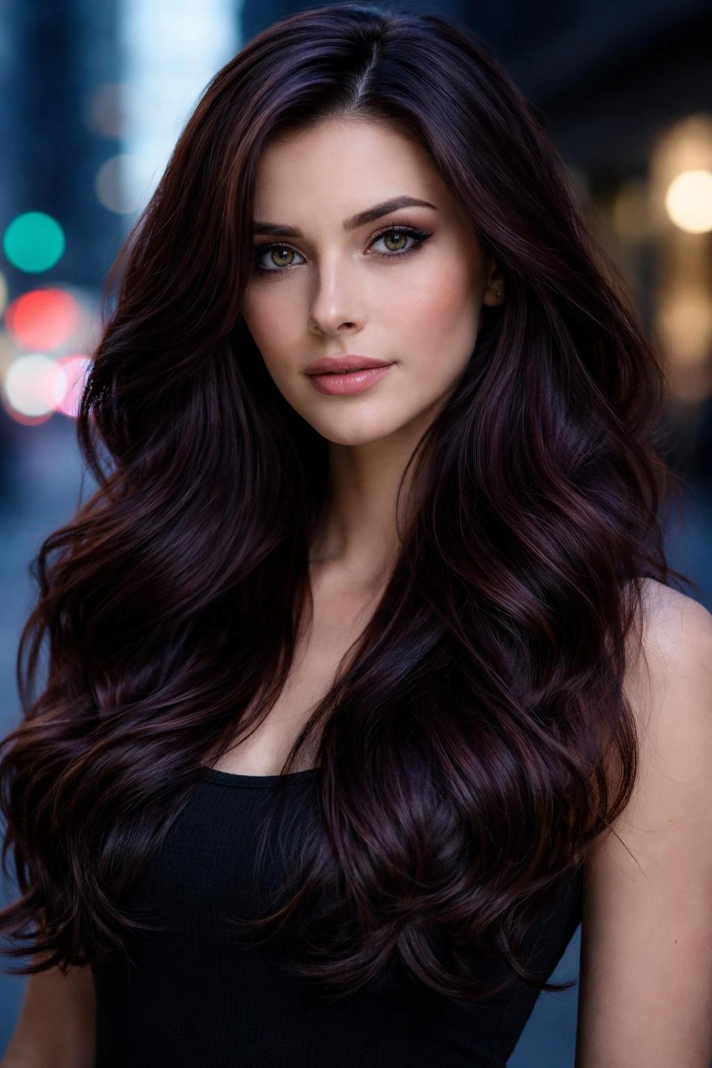 Close-up portrait of Black Cherry Chocolate hair with violet undertones