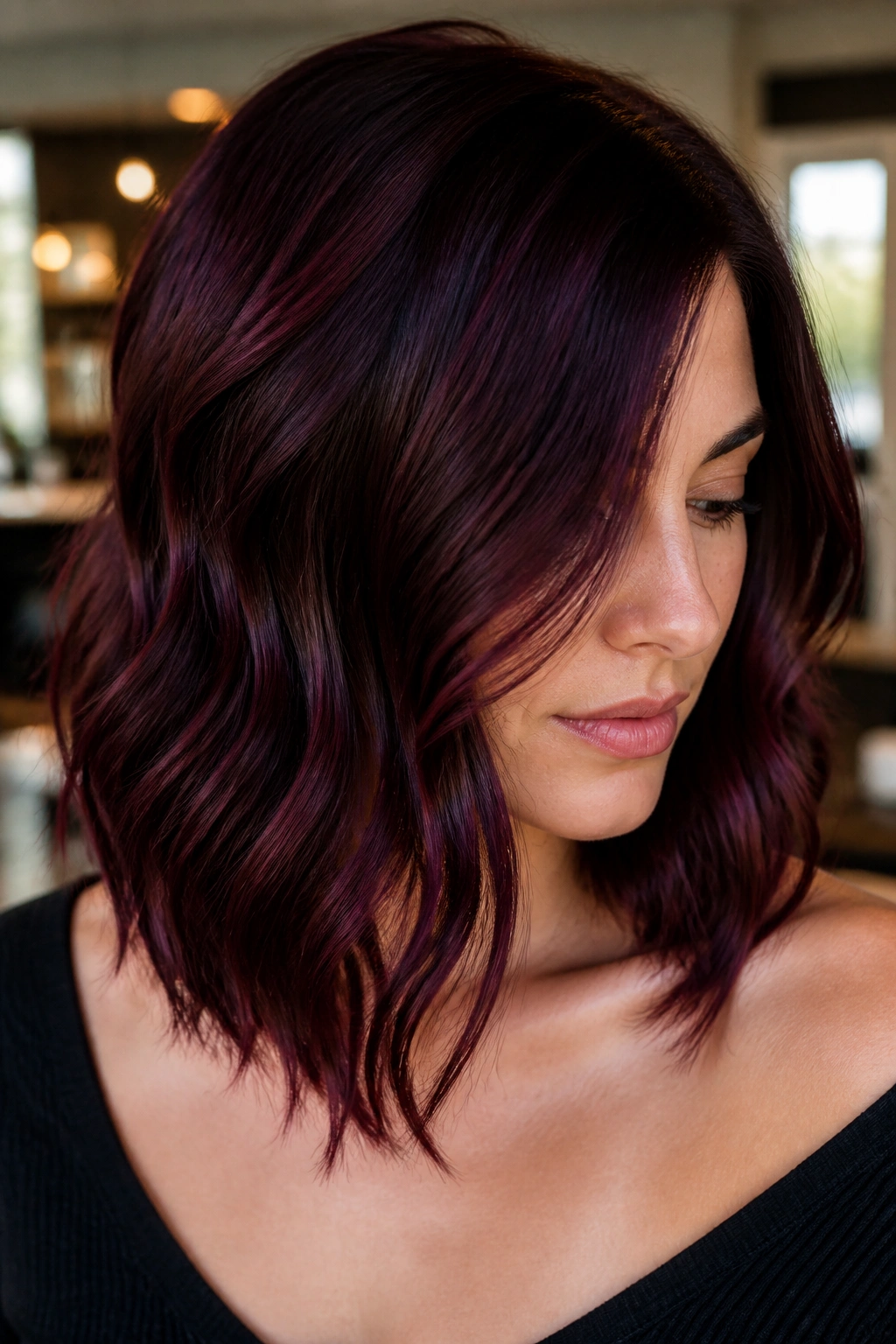 Real woman with wavy collarbone-length hair in Black Cherry, showing red-violet flashes along waves.