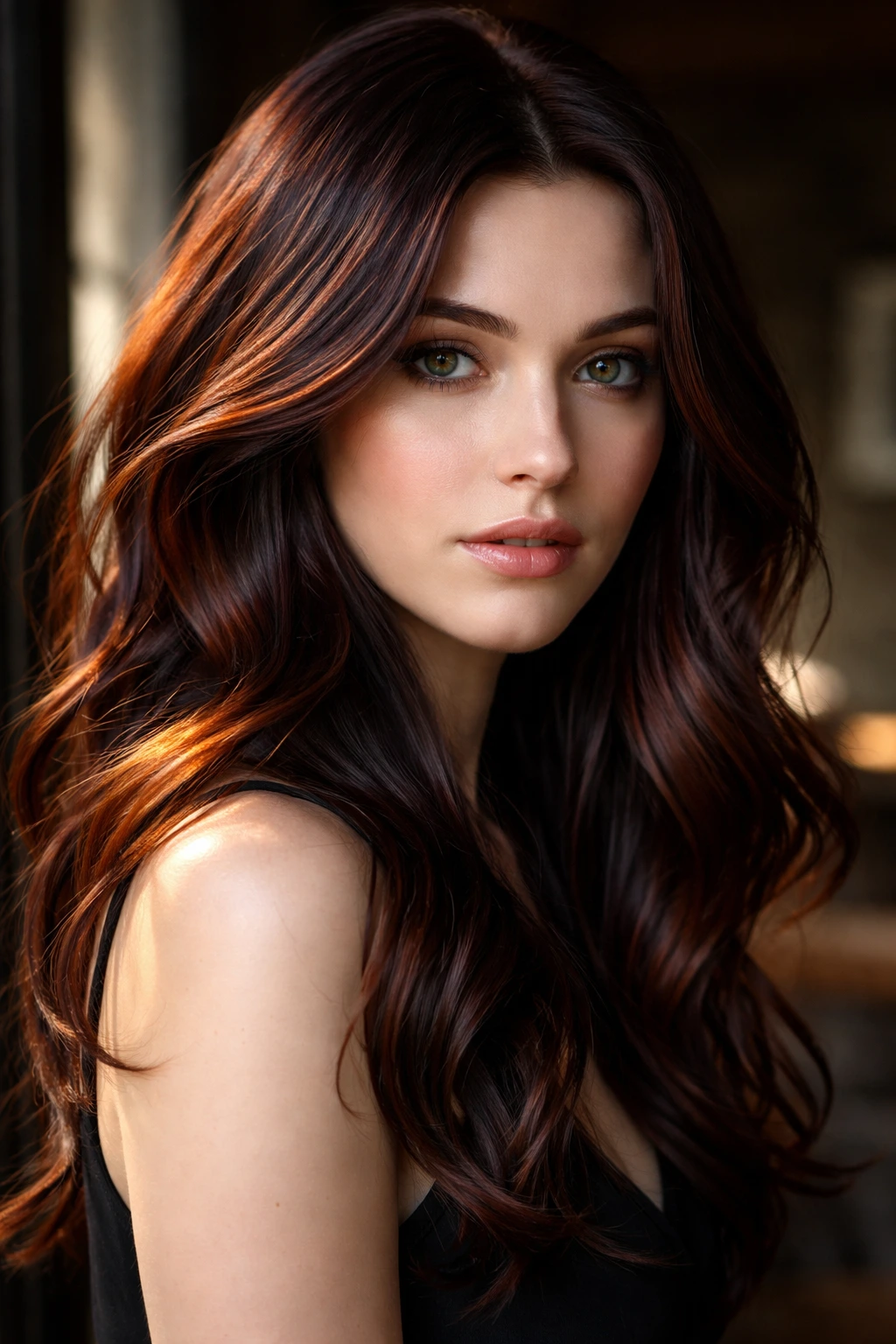 Close-up of black cherry copper hair with copper ribbons.