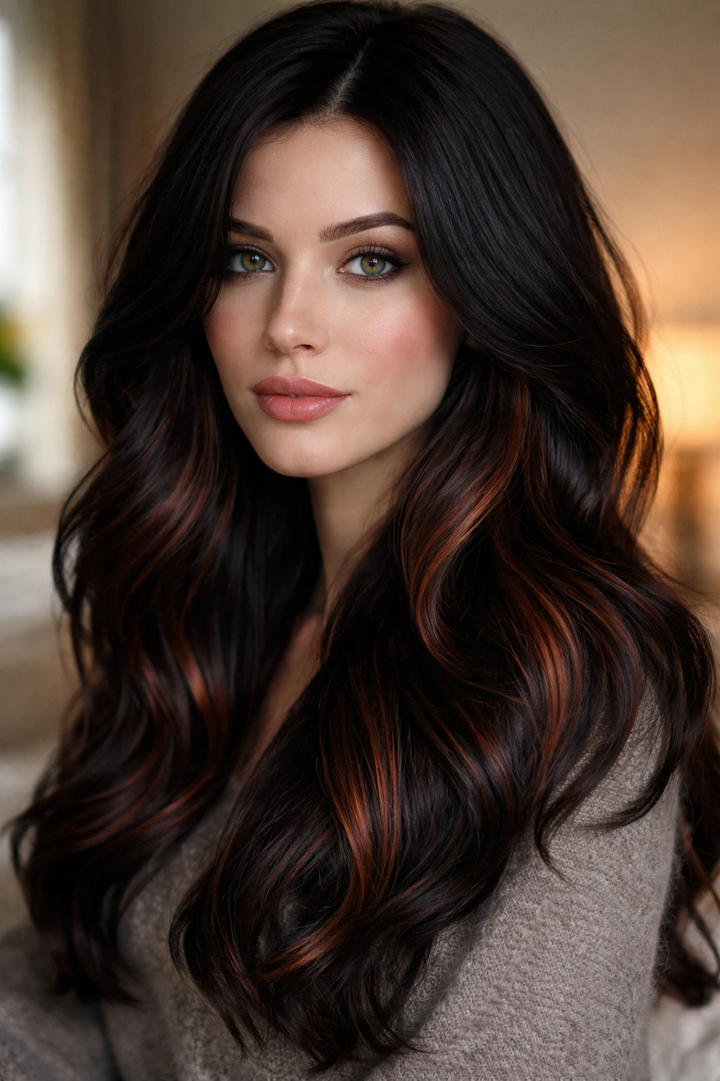 Close-up portrait of a real woman with deep black-cherry hair and copper peek-a-boo in mid-lengths.
