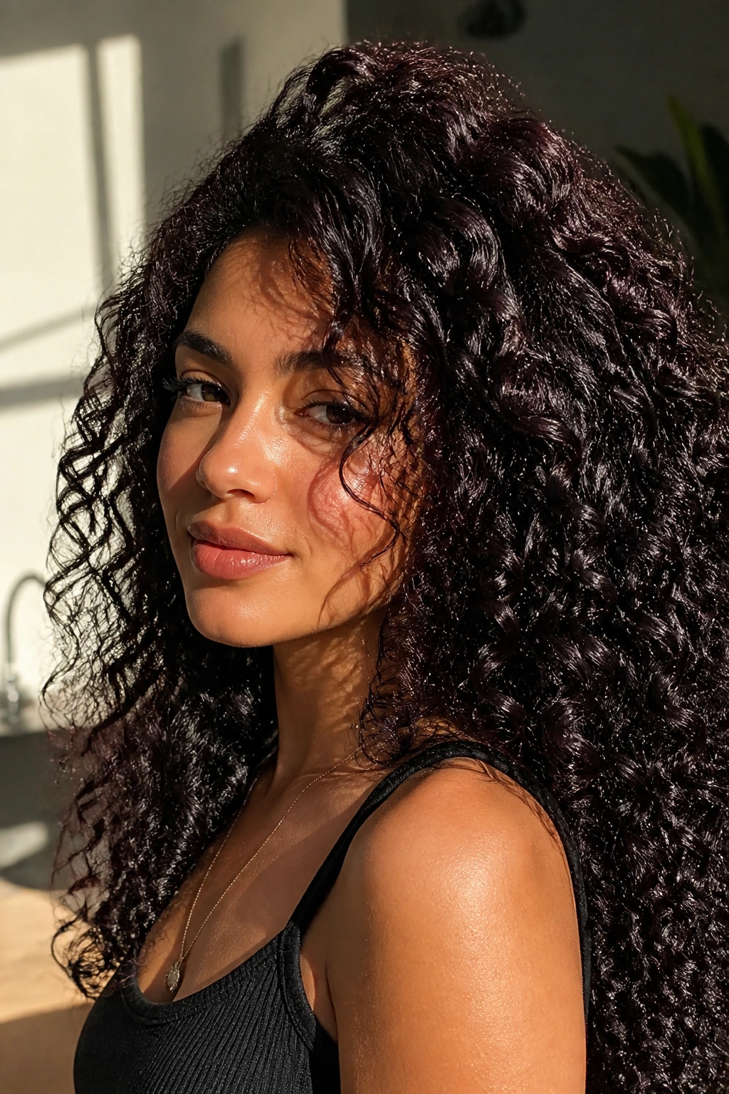 Close-up portrait of a real woman with black hair showing subtle red-violet sheen.