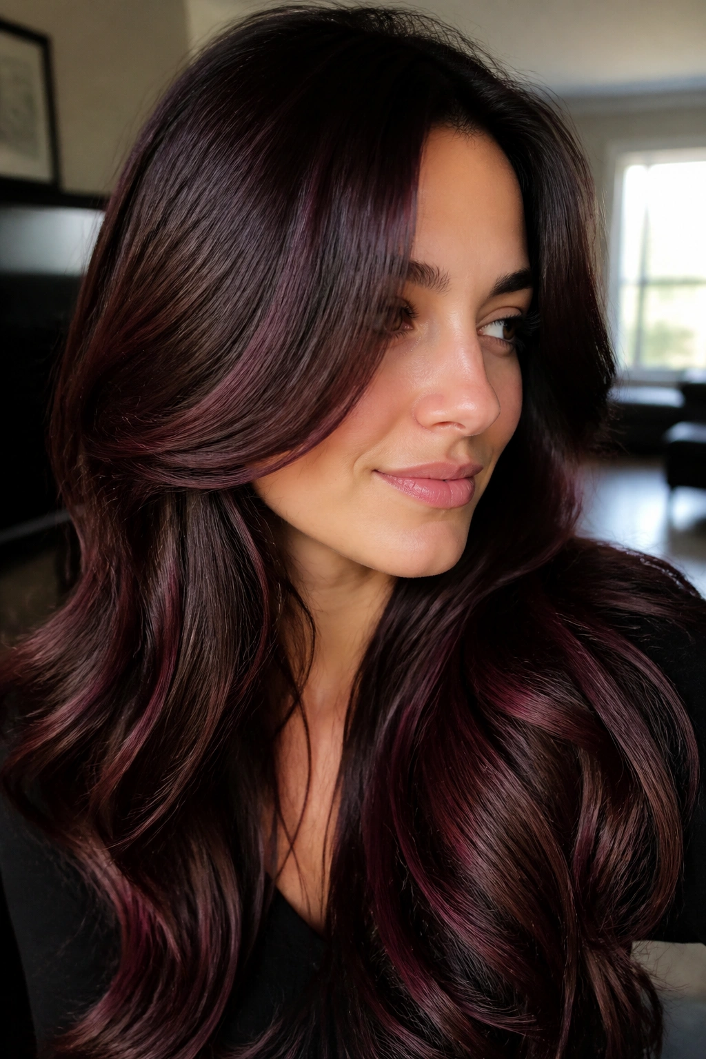 Close-up of dark chocolate hair with black cherry highlights catching light