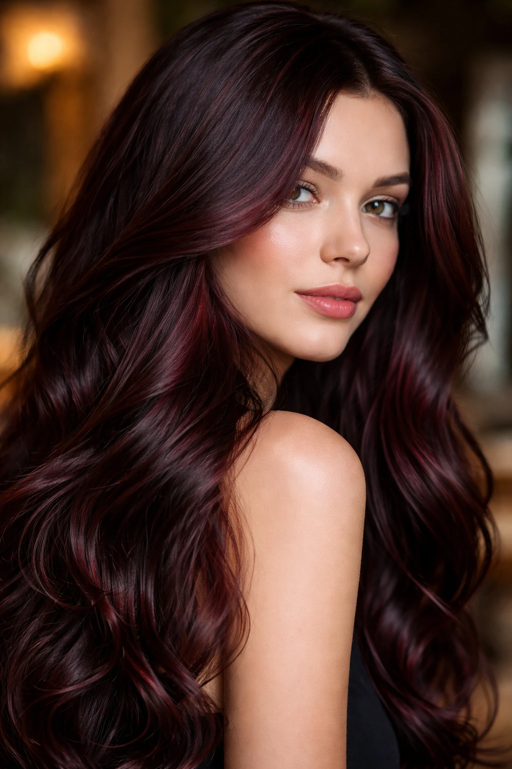 Close-up of glossy black-cherry glaze hair.