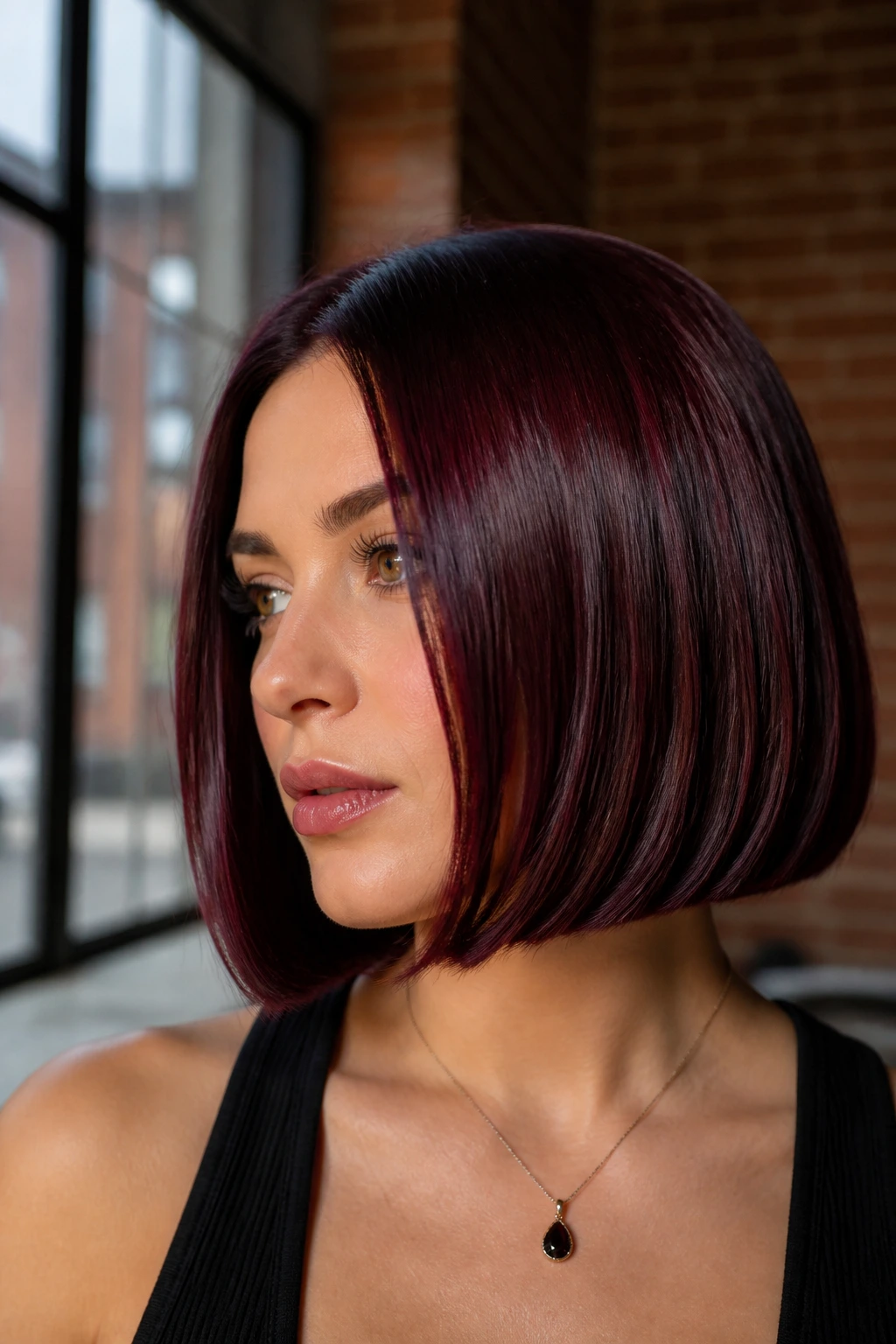 Close-up portrait of woman with blunt bob in black cherry gloss