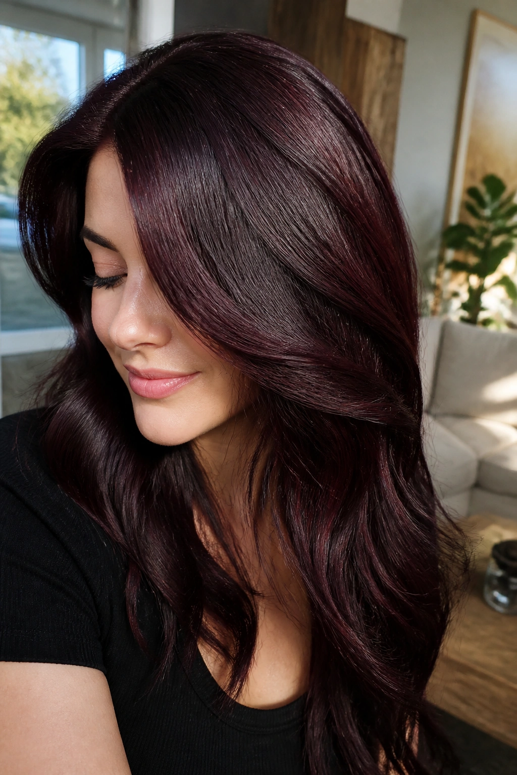 Close-up portrait of a real person with near-black hair and cherry gloss catching light