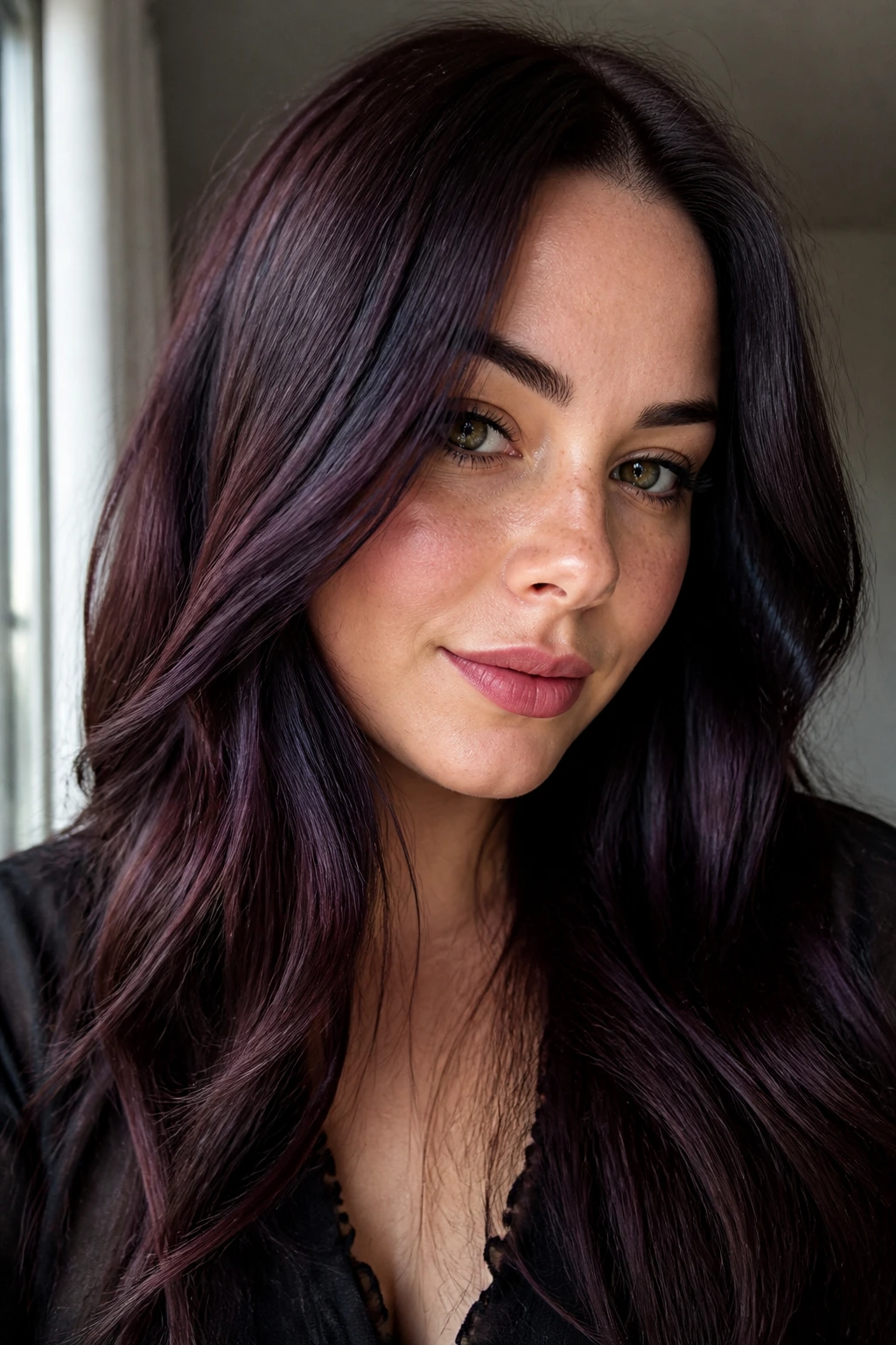 Close-up of a real woman with deep black cherry gloss hair and violet undertones under indoor window light