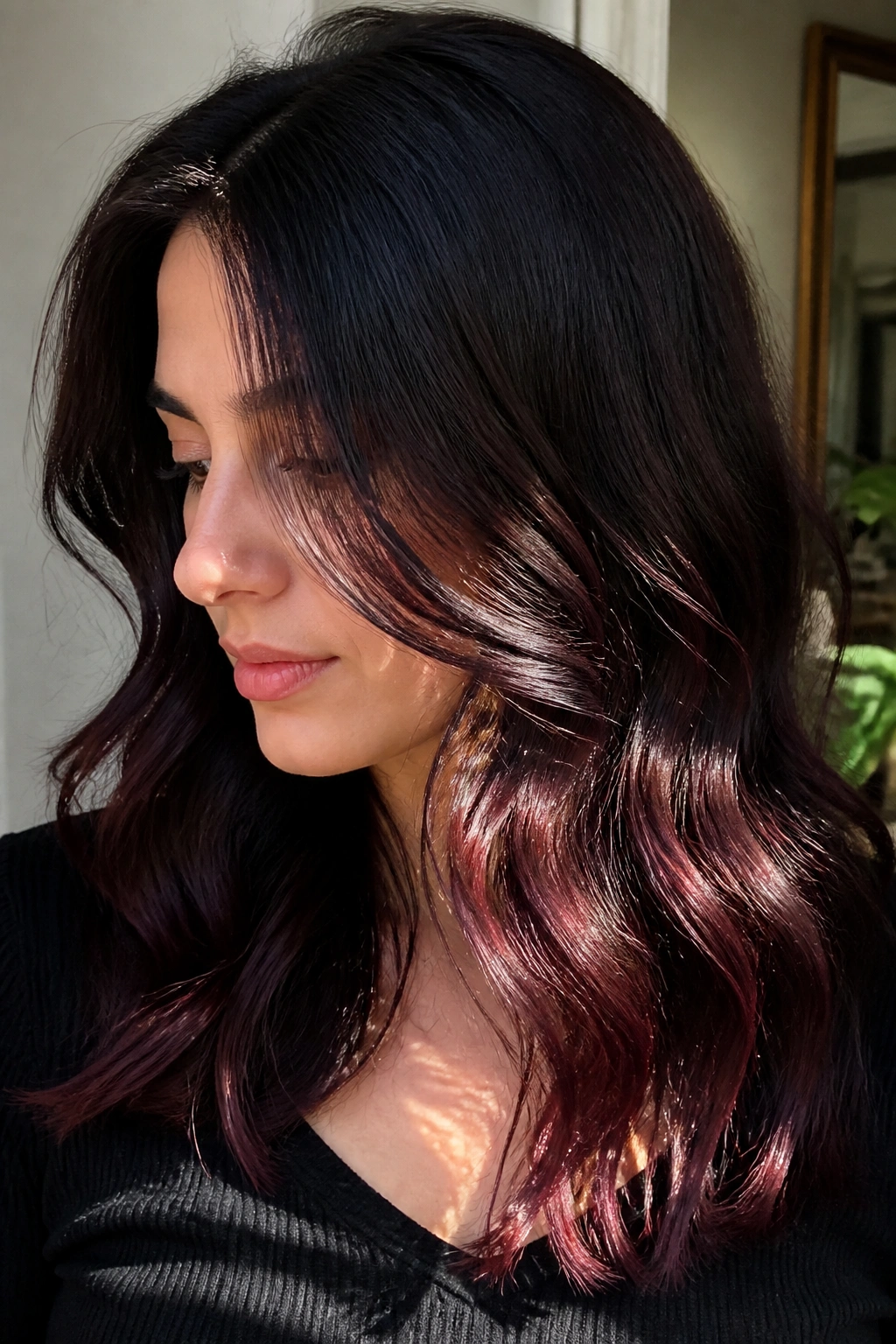 Close-up of a real woman with espresso brown hair and cherry gloss in soft light