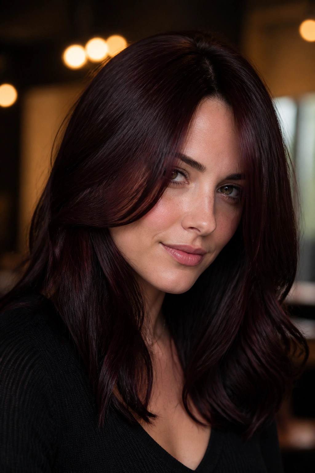 Brunette with black cherry gloss showing subtle red sheen