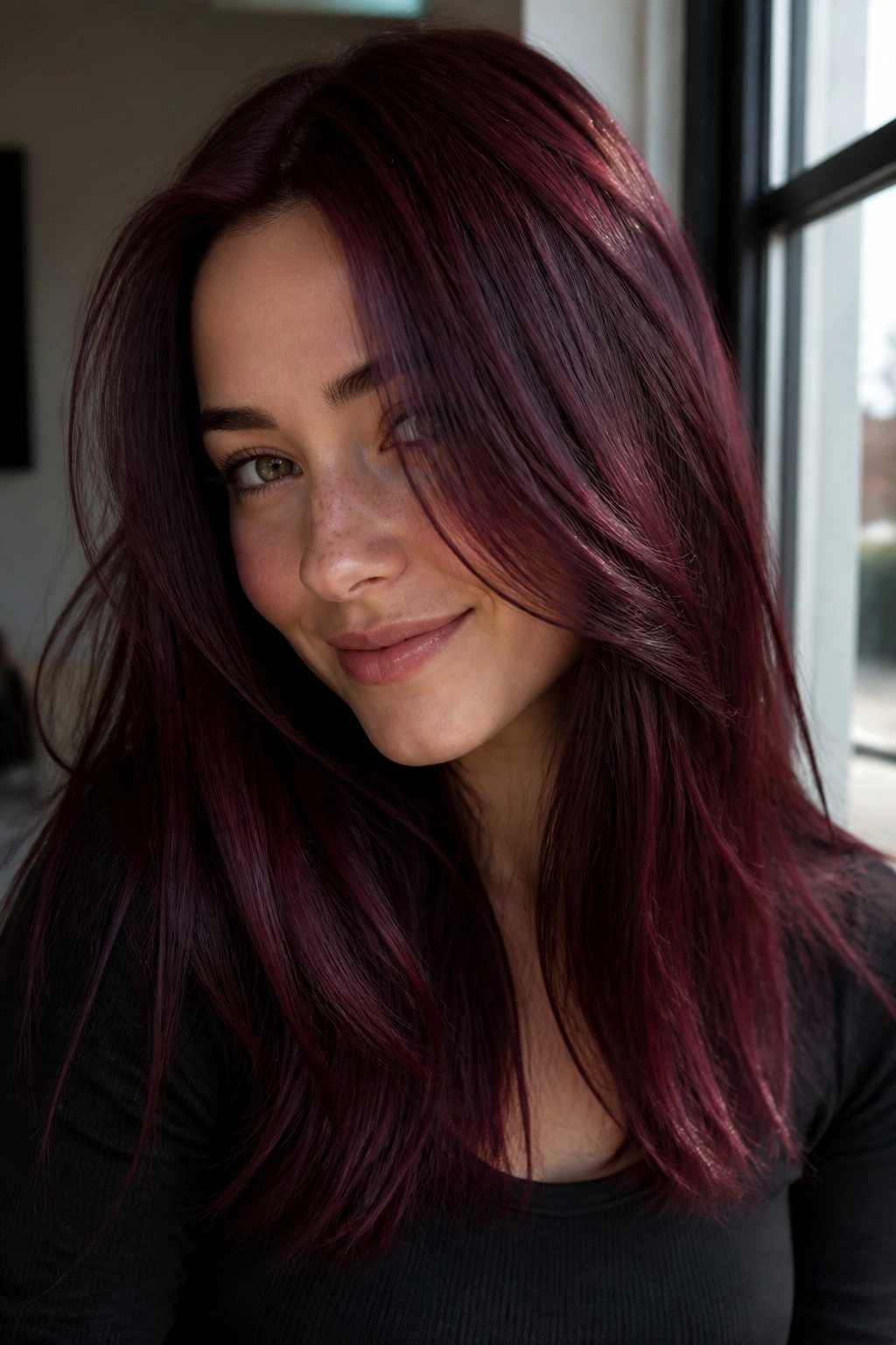 Close-up of a real person with black cherry gloss hair near a bright window.