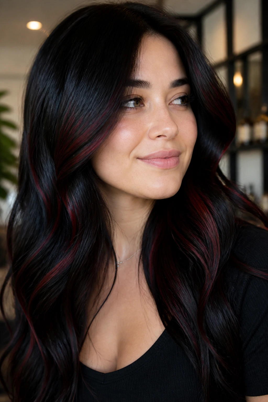 Real person with black cherry gloss and sparse red ribbons in hair