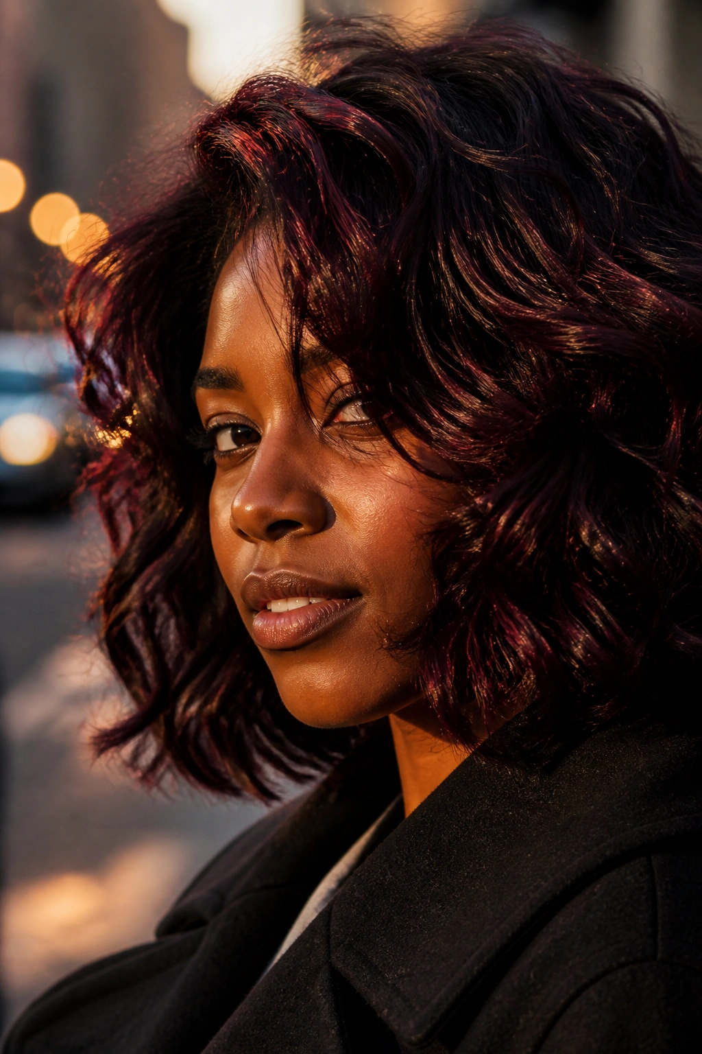 Close-up of a person with black cherry hair color in golden hour light