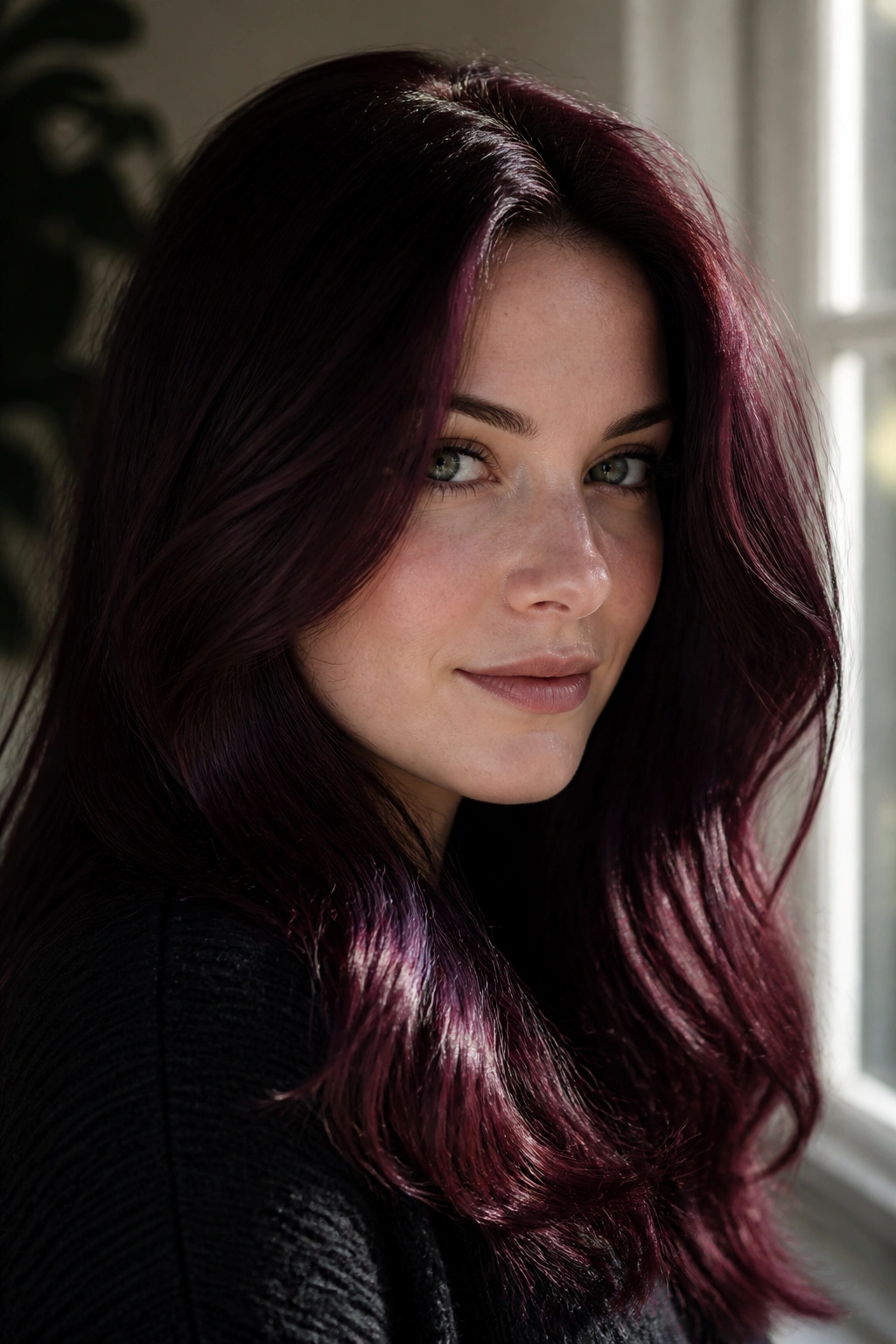 Close-up of a woman with classic black cherry hair on cool-toned skin