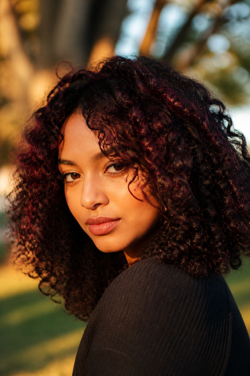 Close-up of a real woman with black cherry hair showing red-violet highlights in curls outdoors at golden hour