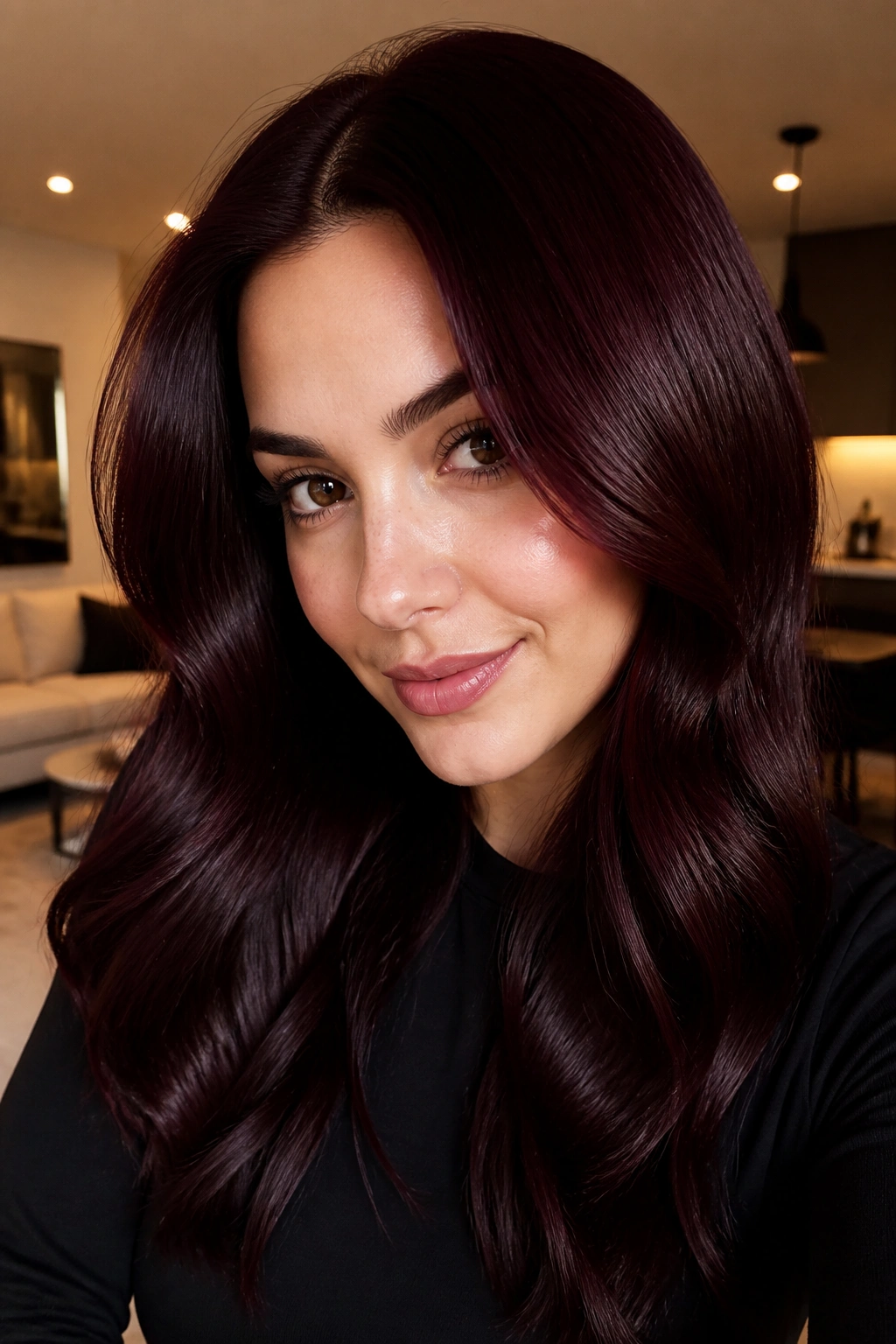 Close-up of a real woman with glossy black-cherry hair.