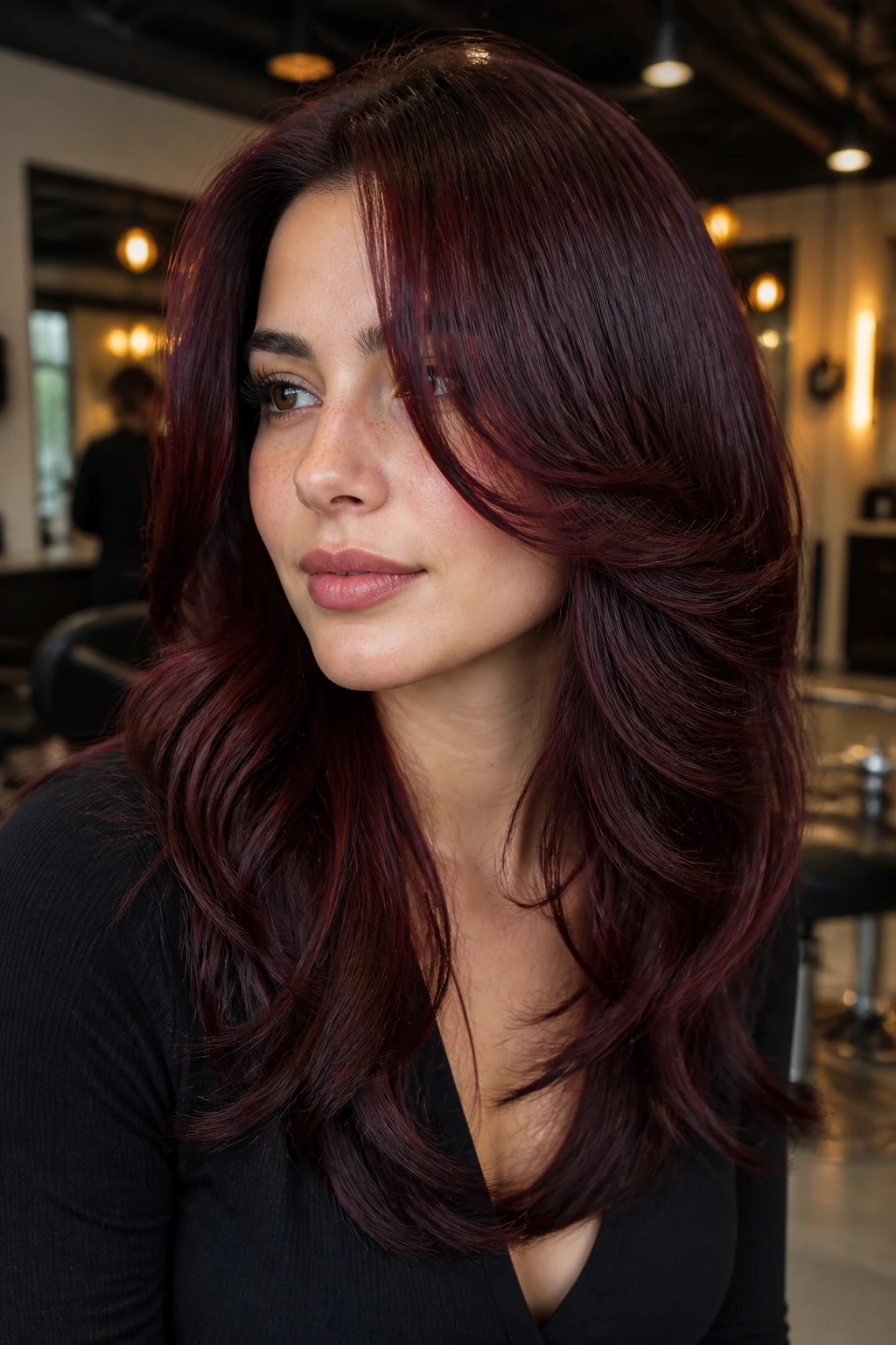 Close-up portrait of a real woman with black cherry layered hair catching light