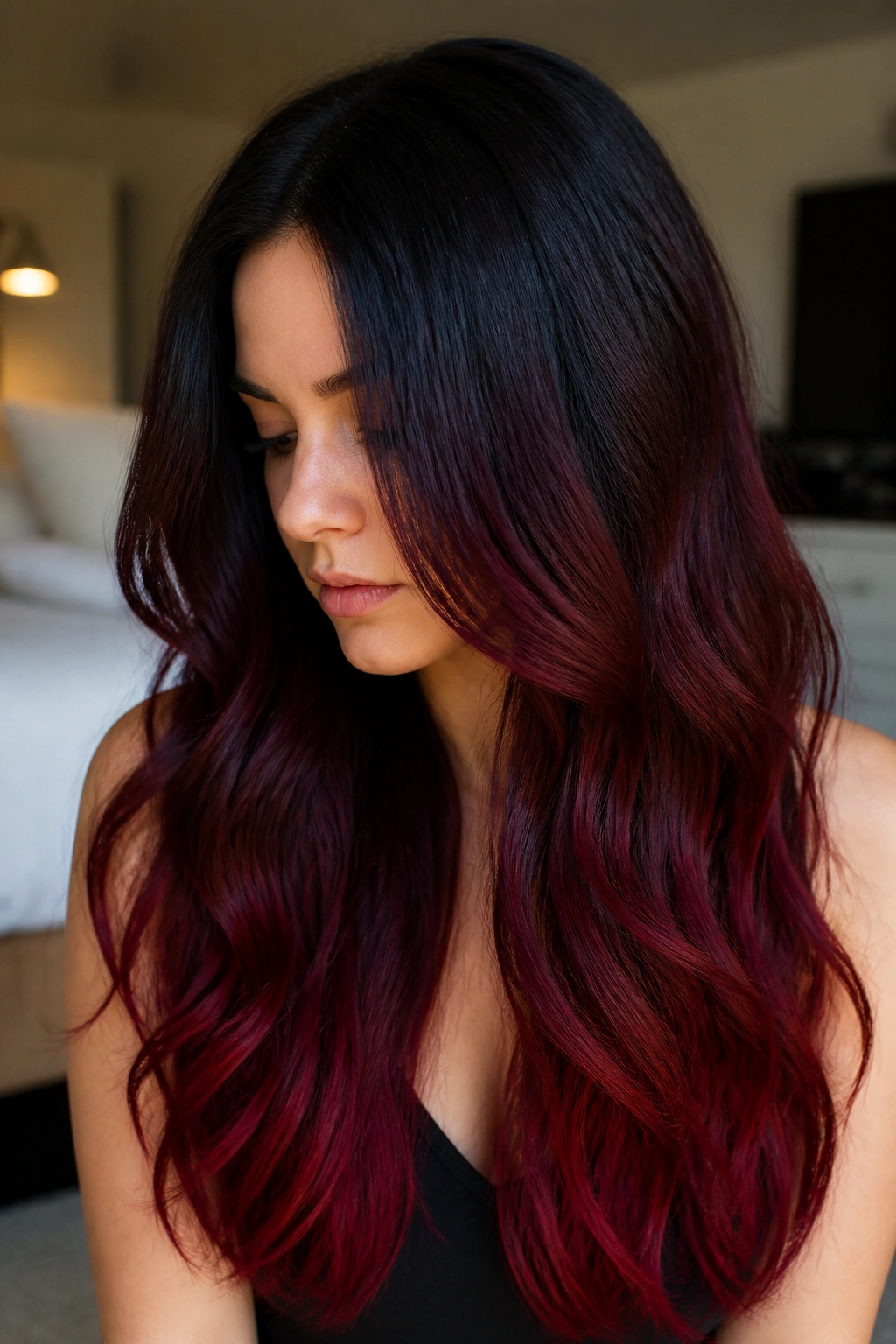 Close-up of real woman with black cherry ombre from roots to ends on long hair