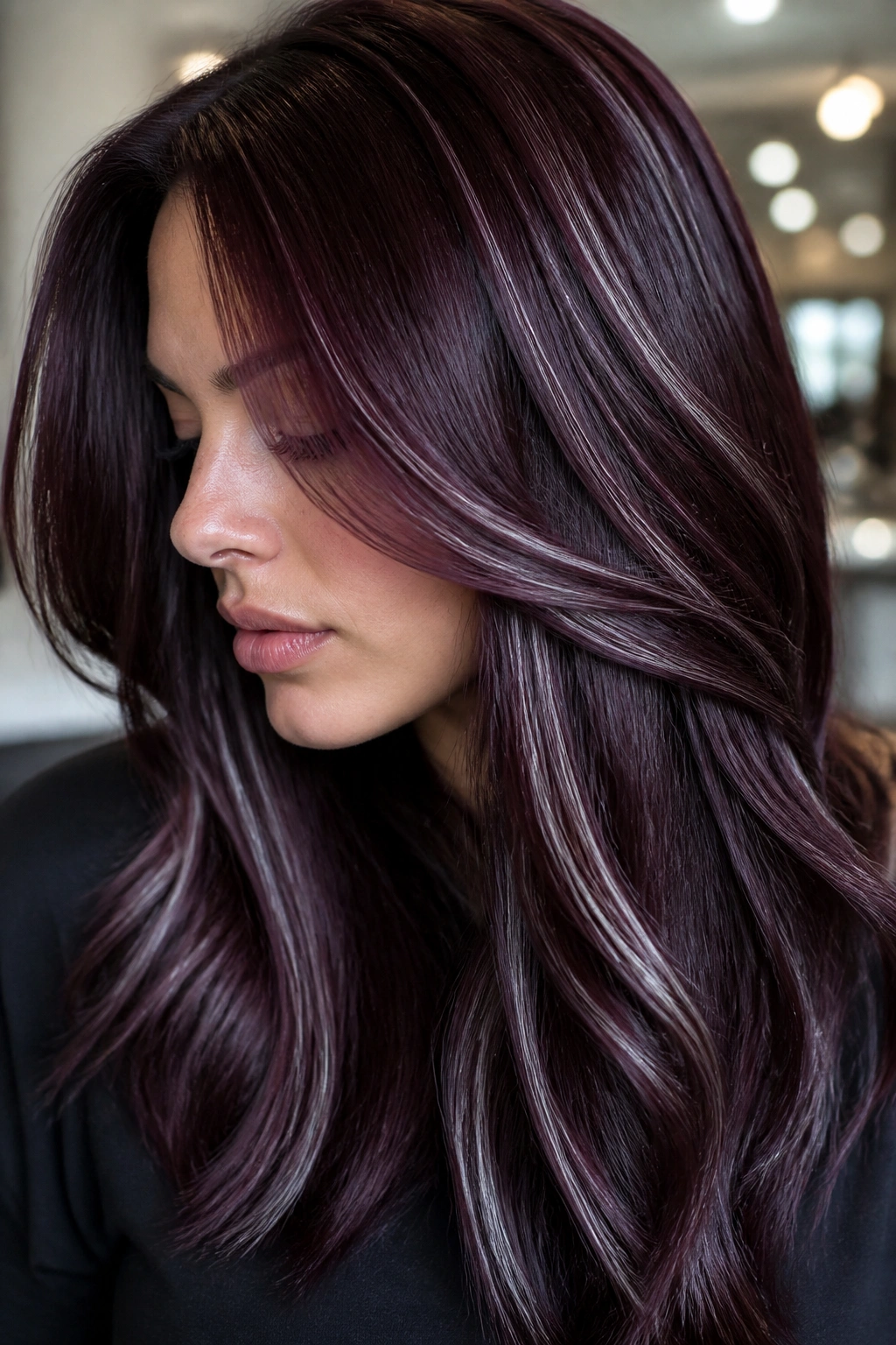 Real person with black cherry base and silver-edged highlights for a crisp, cool contrast.