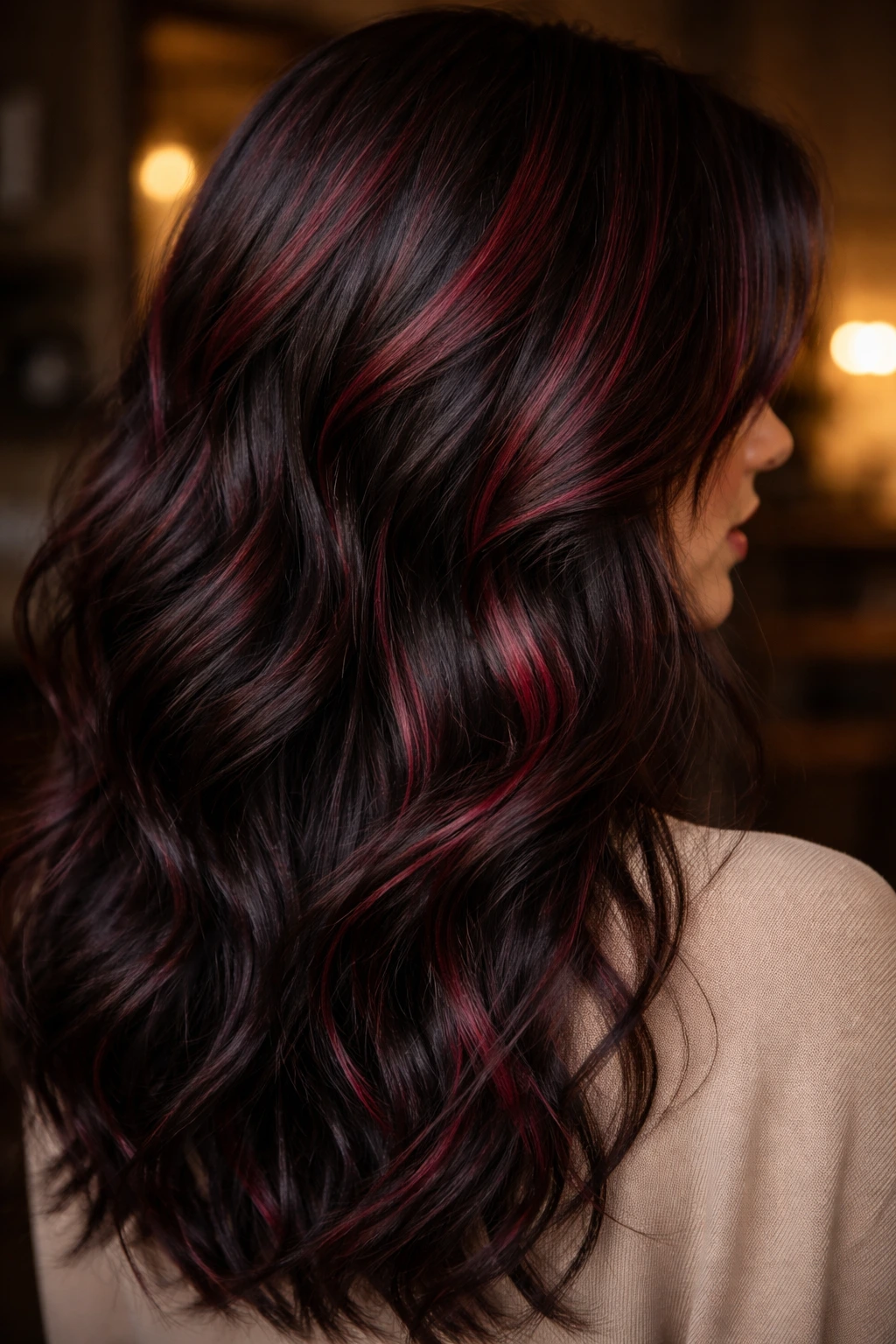 Close-up of a real person with black cherry lowlights and burgundy streaks
