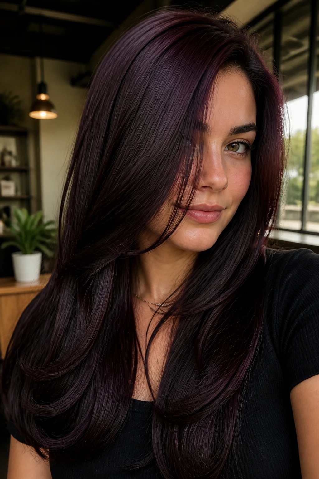 Close-up of a real woman with black cherry mahogany hair and red-violet sheen.