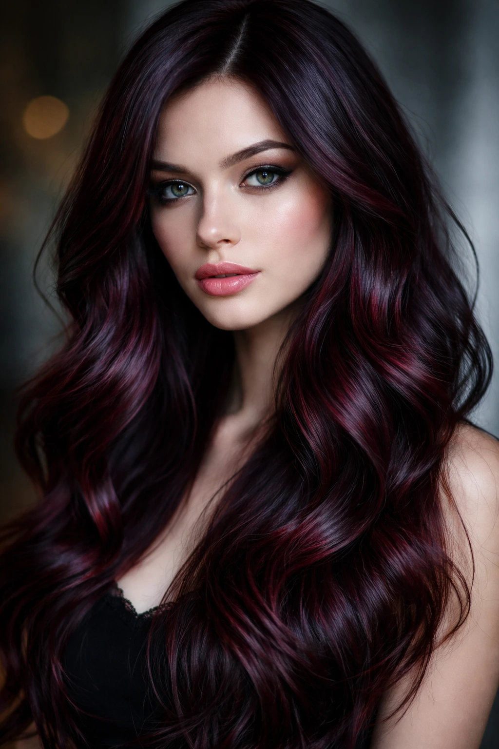 Close-up portrait of a person with black cherry mahogany hair.