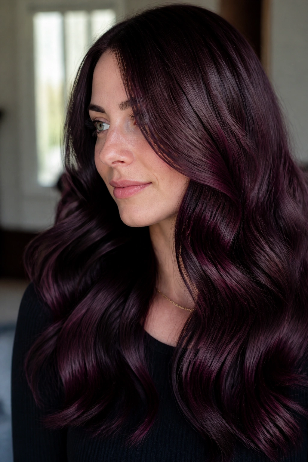 Portrait of a woman with near-black base hair showing red-violet cherry tones.