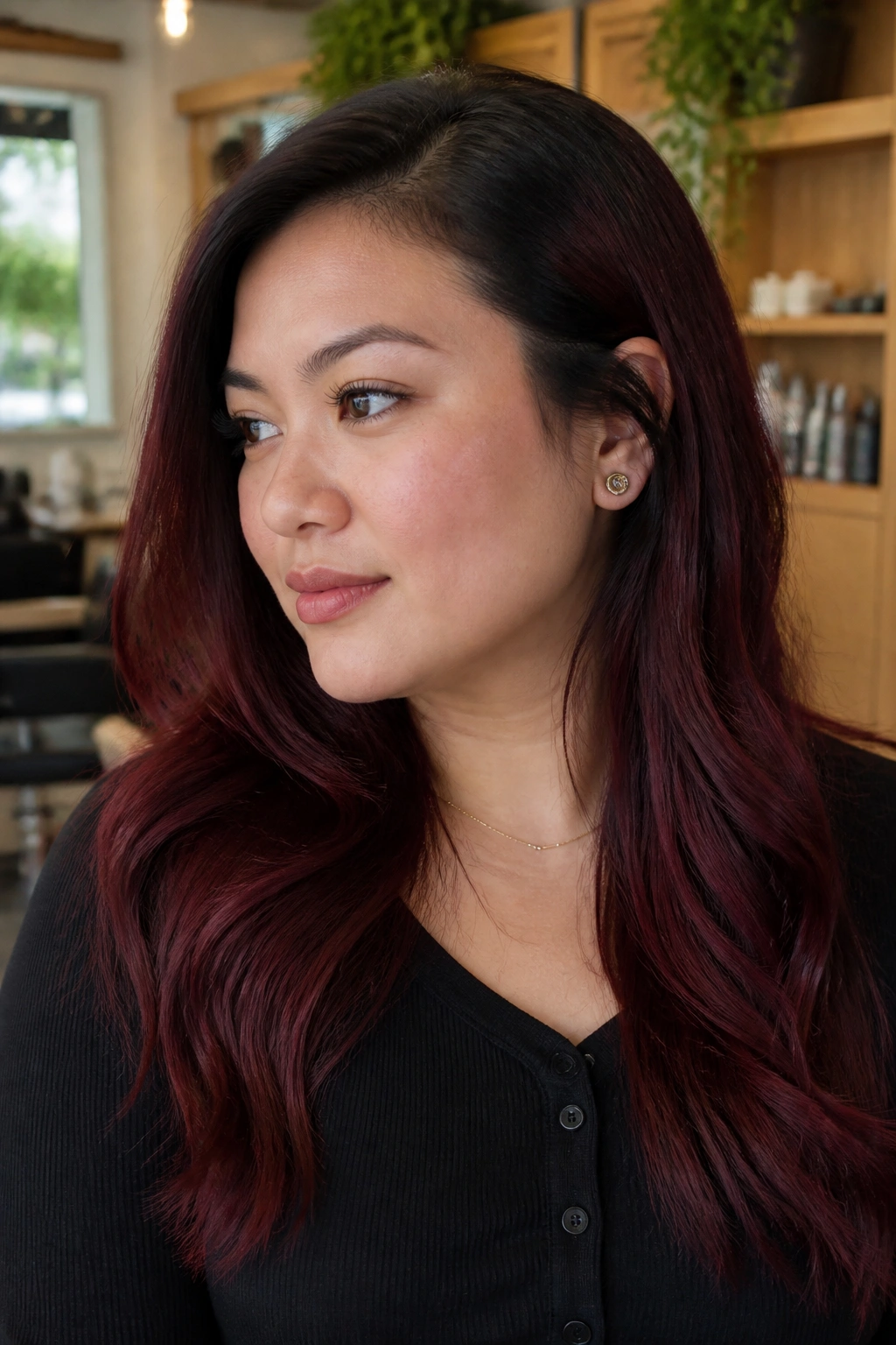 Close-up of a real woman with black-to-cherry melt hair on a round face in a softly lit salon.