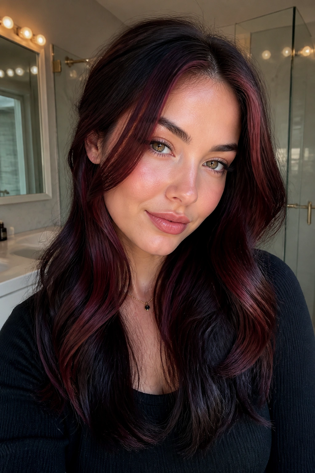 Woman with front money pieces in black cherry hair for bright face framing